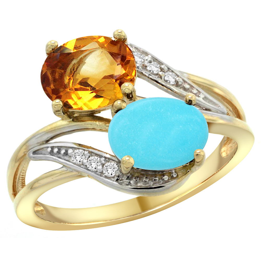 14K Yellow Gold Diamond Natural Citrine & Turquoise 2-stone Ring Oval 8x6mm, sizes 5 - 10
