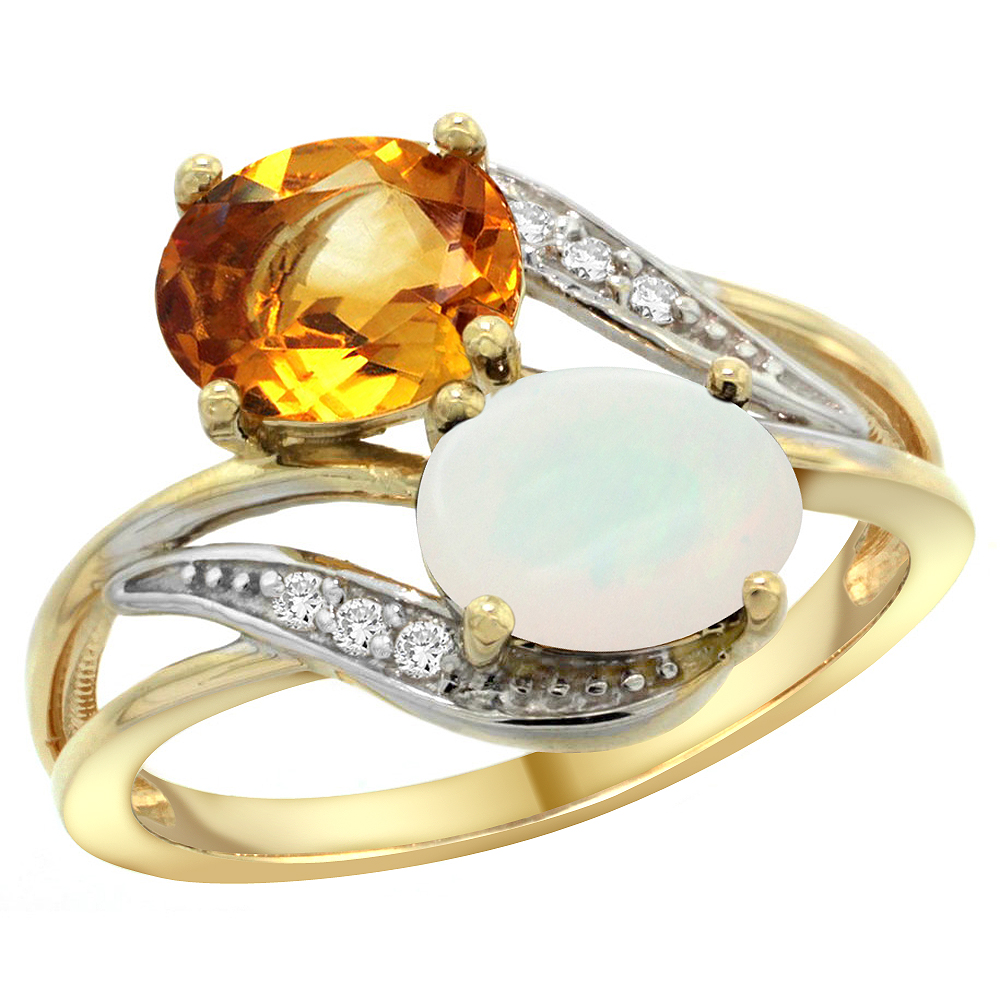 14K Yellow Gold Diamond Natural Citrine &amp; Opal 2-stone Ring Oval 8x6mm, sizes 5 - 10