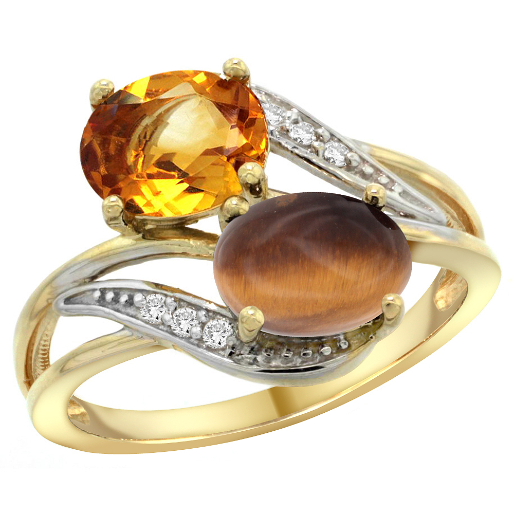 10K Yellow Gold Diamond Natural Citrine &amp; Tiger Eye 2-stone Ring Oval 8x6mm, sizes 5 - 10