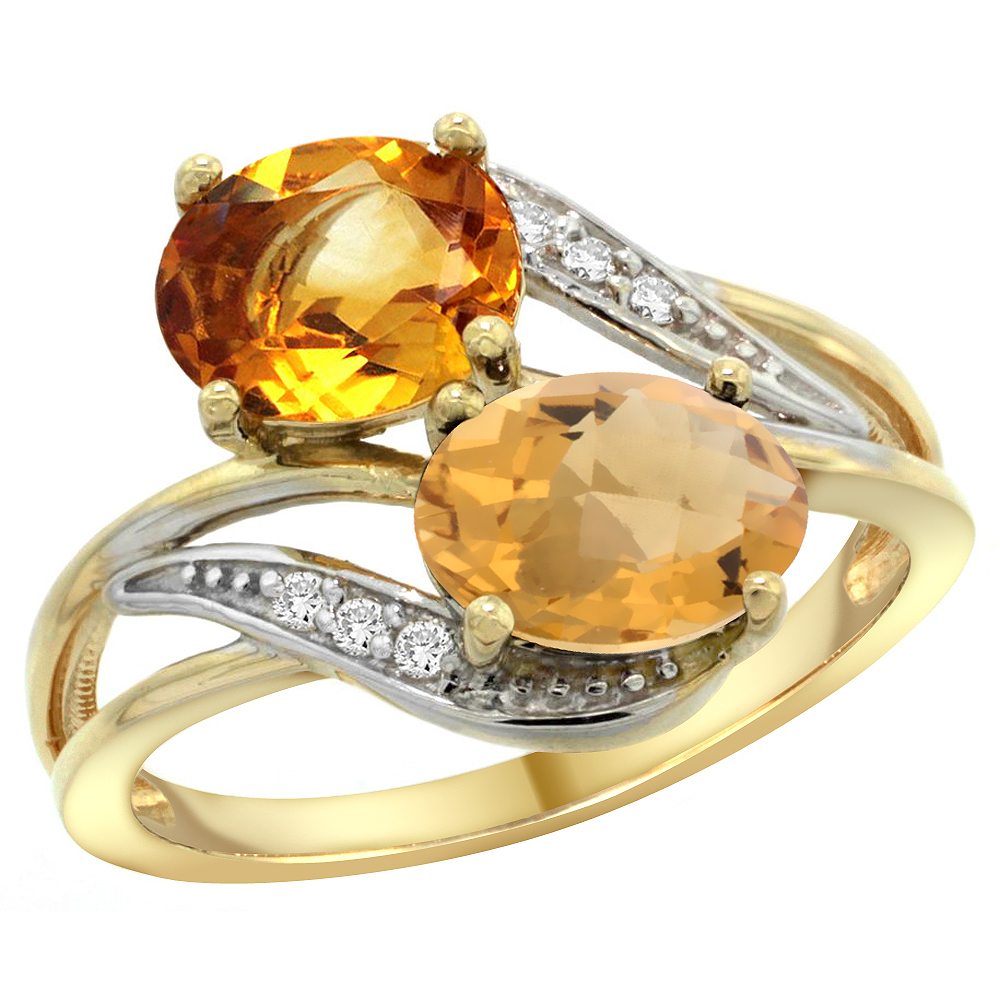 14K YELLOW GOLD DIAMOND NATURAL CITRINE & WHISKY QUARTZ 2-STONE RING OVAL 8X6MM, SIZES 5 - 10