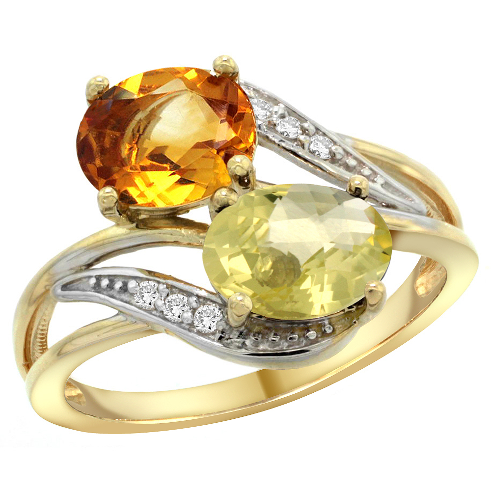 14K Yellow Gold Diamond Natural Citrine &amp; Lemon Quartz 2-stone Ring Oval 8x6mm, sizes 5 - 10