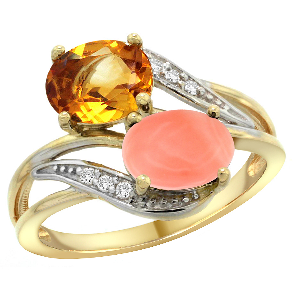 10K Yellow Gold Diamond Natural Citrine &amp; Coral 2-stone Ring Oval 8x6mm, sizes 5 - 10