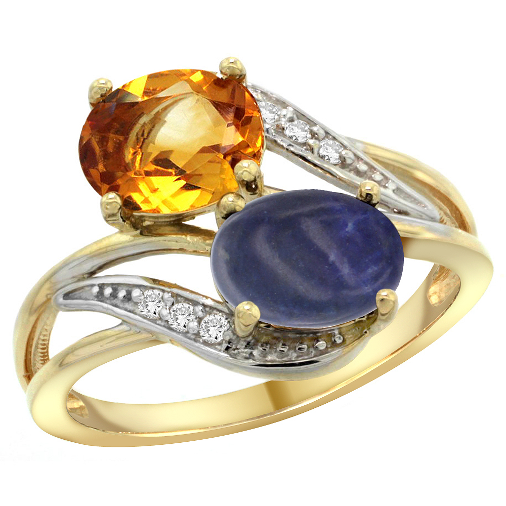 14K YELLOW GOLD DIAMOND NATURAL CITRINE & LAPIS 2-STONE RING OVAL 8X6MM, SIZES 5 - 10