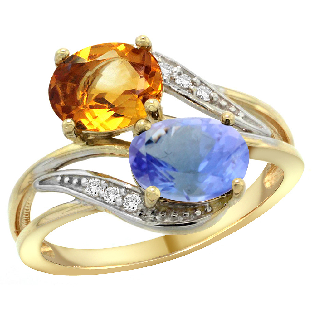 14K YELLOW GOLD DIAMOND NATURAL CITRINE & TANZANITE 2-STONE RING OVAL 8X6MM, SIZES 5 - 10