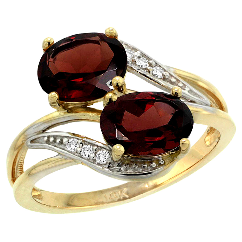 14K YELLOW GOLD DIAMOND NATURAL GARNET 2-STONE RING OVAL 8X6MM, SIZES 5 - 10