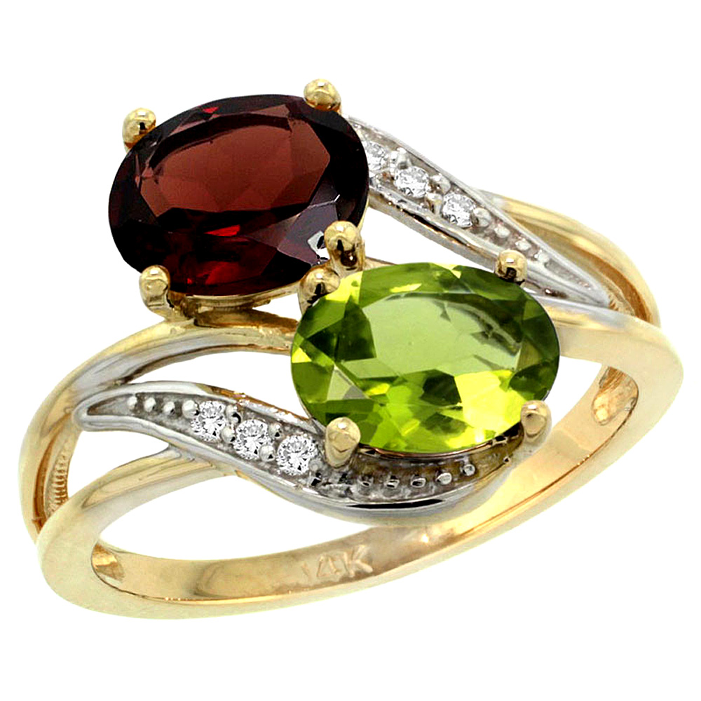 14K Yellow Gold Diamond Natural Garnet &amp; Peridot 2-stone Ring Oval 8x6mm, sizes 5 - 10