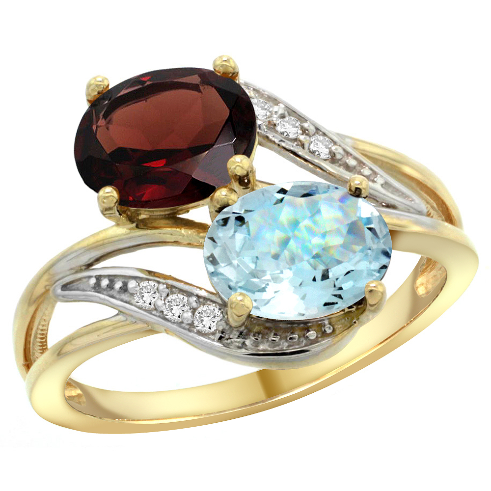 14K Yellow Gold Diamond Natural Garnet &amp; Aquamarine 2-stone Ring Oval 8x6mm, sizes 5 - 10