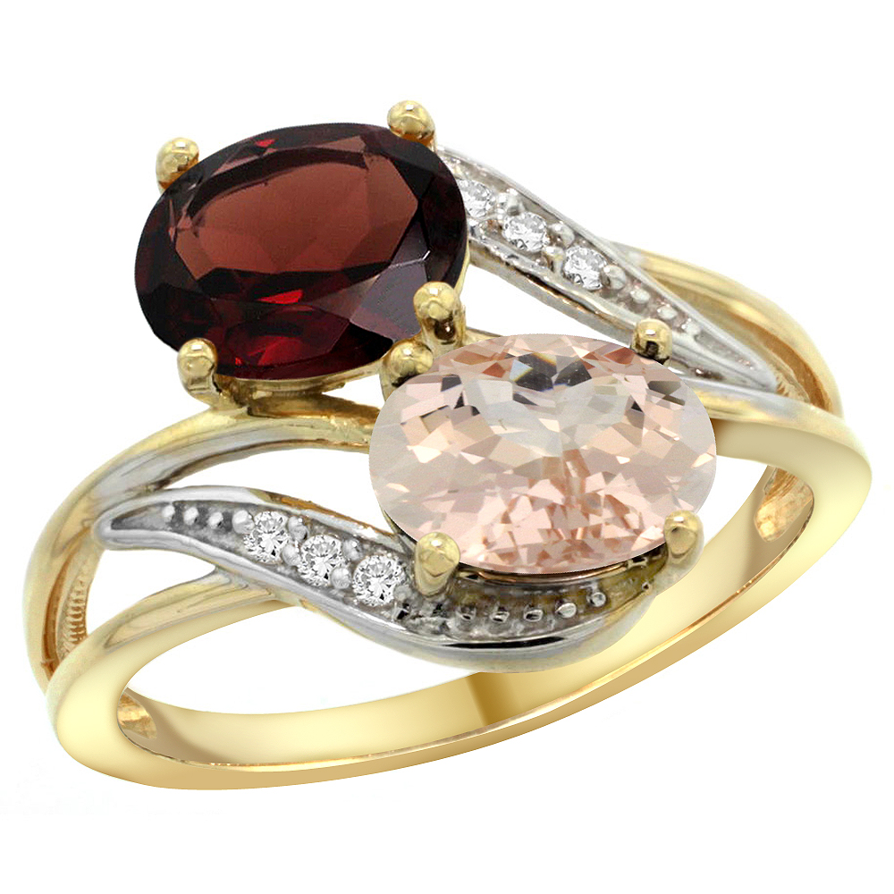 14K YELLOW GOLD DIAMOND NATURAL GARNET & MORGANITE 2-STONE RING OVAL 8X6MM, SIZES 5 - 10