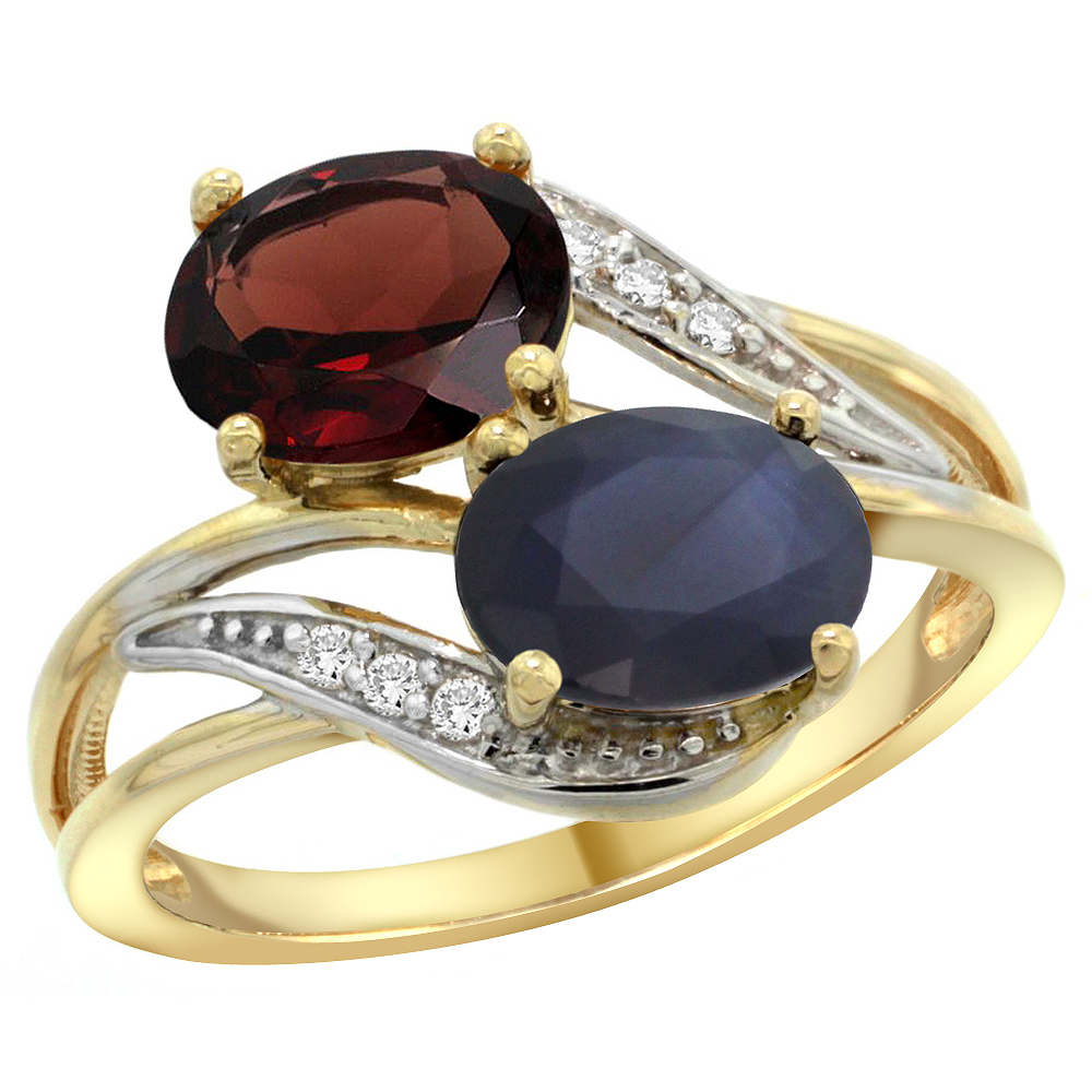 14K Yellow Gold Diamond Natural Garnet &amp; Blue Sapphire 2-stone Ring Oval 8x6mm, sizes 5 - 10