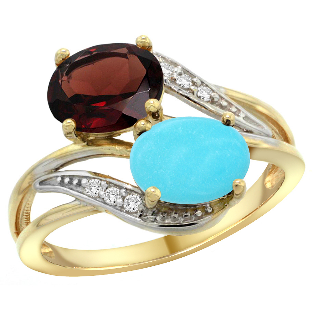 14K YELLOW GOLD DIAMOND NATURAL GARNET & TURQUOISE 2-STONE RING OVAL 8X6MM, SIZES 5 - 10