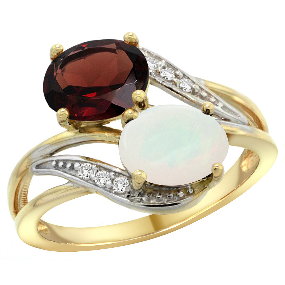 14K Yellow Gold Diamond Natural Garnet &amp; Opal 2-stone Ring Oval 8x6mm, sizes 5 - 10