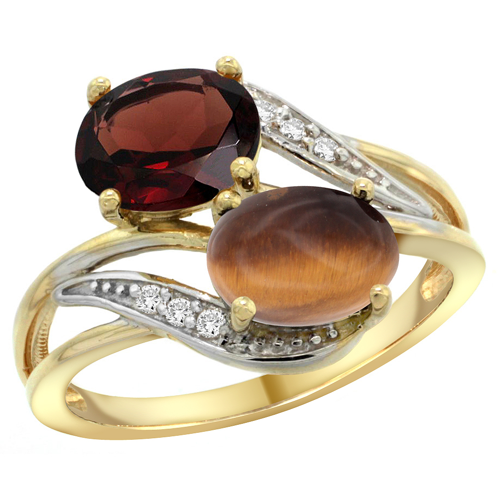14K Yellow Gold Diamond Natural Garnet &amp; Tiger Eye 2-stone Ring Oval 8x6mm, sizes 5 - 10