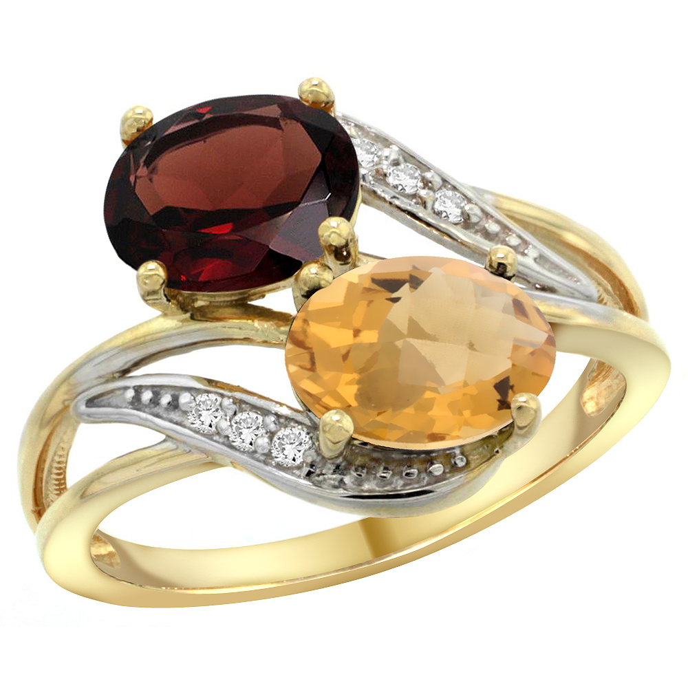 10K Yellow Gold Diamond Natural Garnet &amp; Whisky Quartz 2-stone Ring Oval 8x6mm, sizes 5 - 10