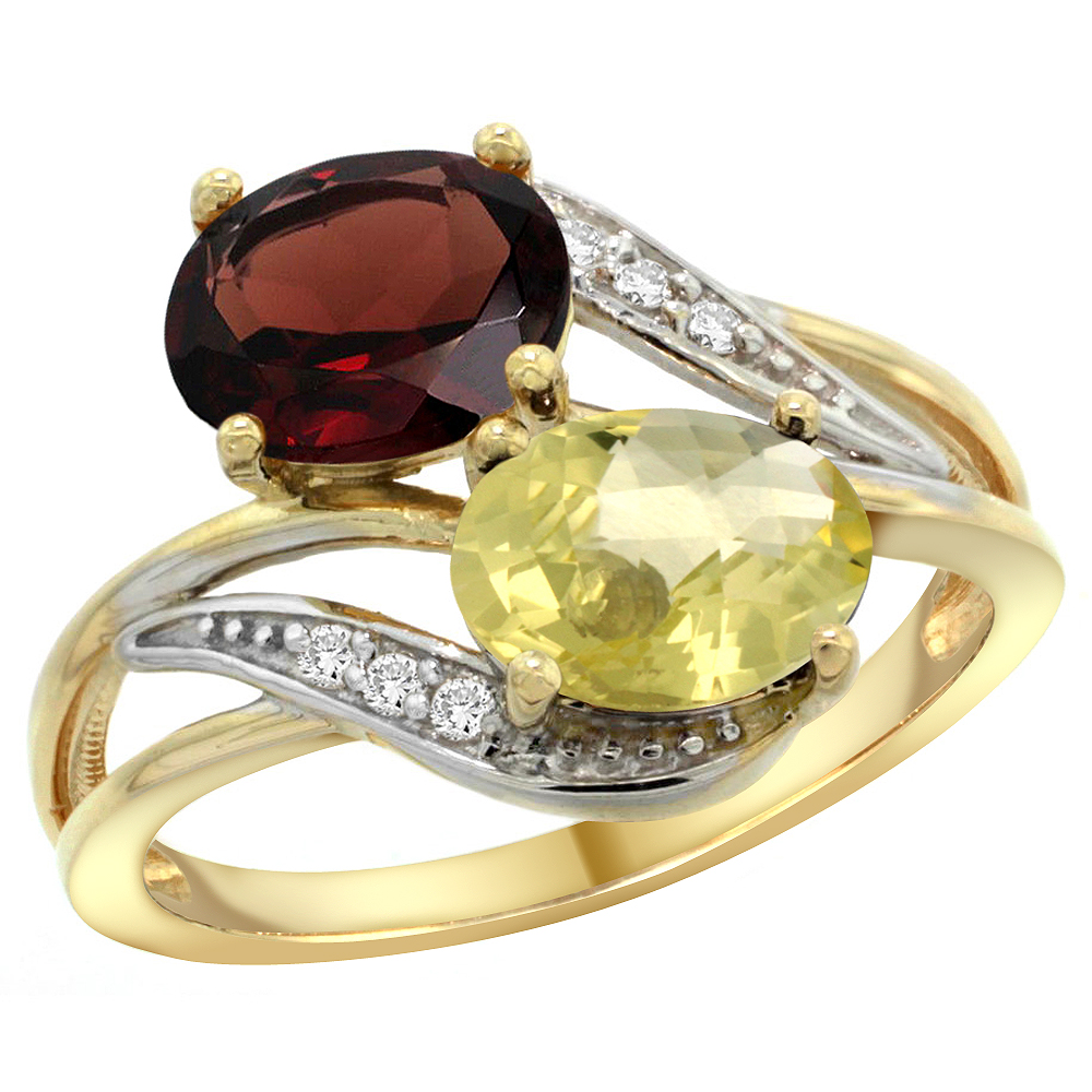 14K Yellow Gold Diamond Natural Garnet &amp; Lemon Quartz 2-stone Ring Oval 8x6mm, sizes 5 - 10