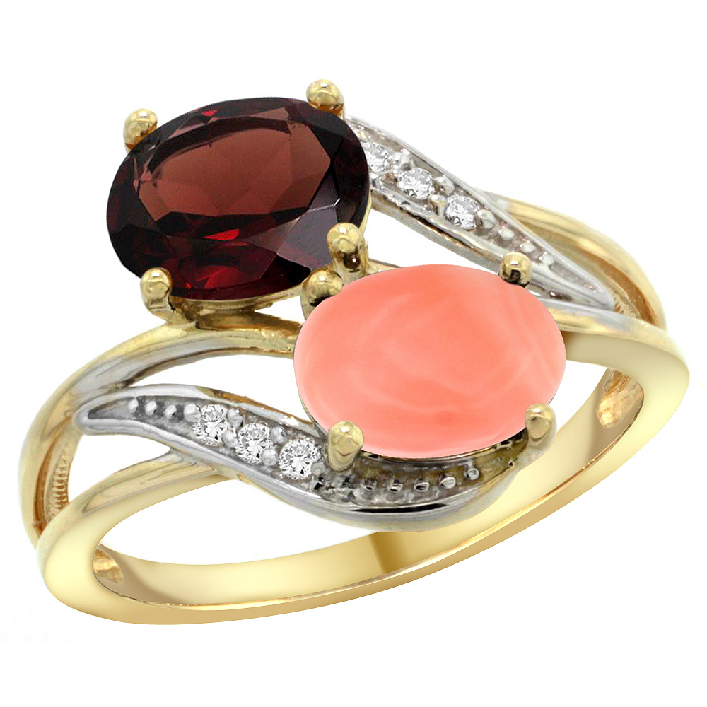 14K Yellow Gold Diamond Natural Garnet &amp; Coral 2-stone Ring Oval 8x6mm, sizes 5 - 10
