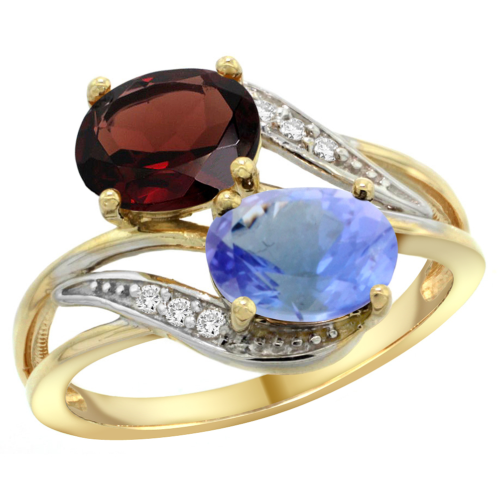 14K YELLOW GOLD DIAMOND NATURAL GARNET & TANZANITE 2-STONE RING OVAL 8X6MM, SIZES 5 - 10