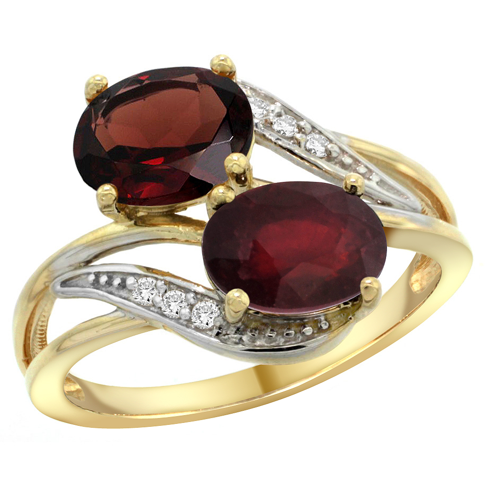 14K Yellow Gold Diamond Natural Garnet &amp; Quality Ruby 2-stone Mothers Ring Oval 8x6mm, size 5 - 10