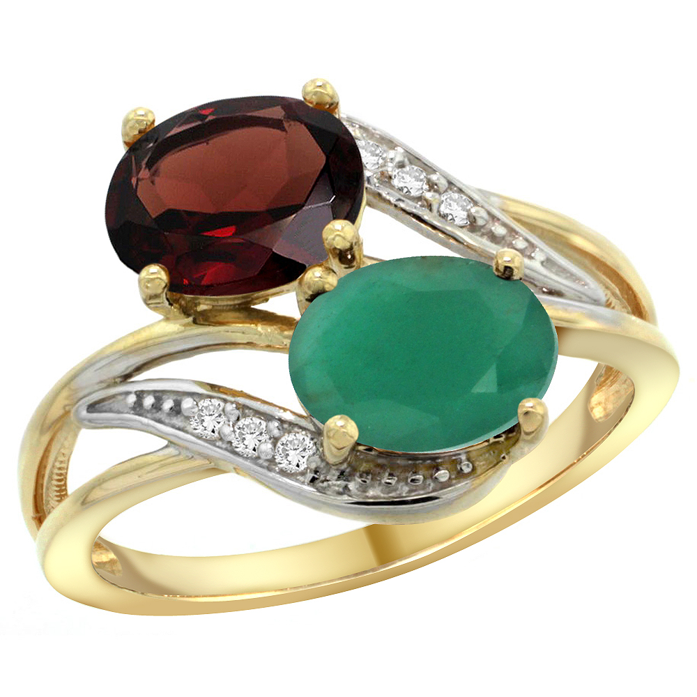 14K Yellow Gold Diamond Natural Garnet & Quality Emerald 2-stone Mothers Ring Oval 8x6mm, size 5 - 10