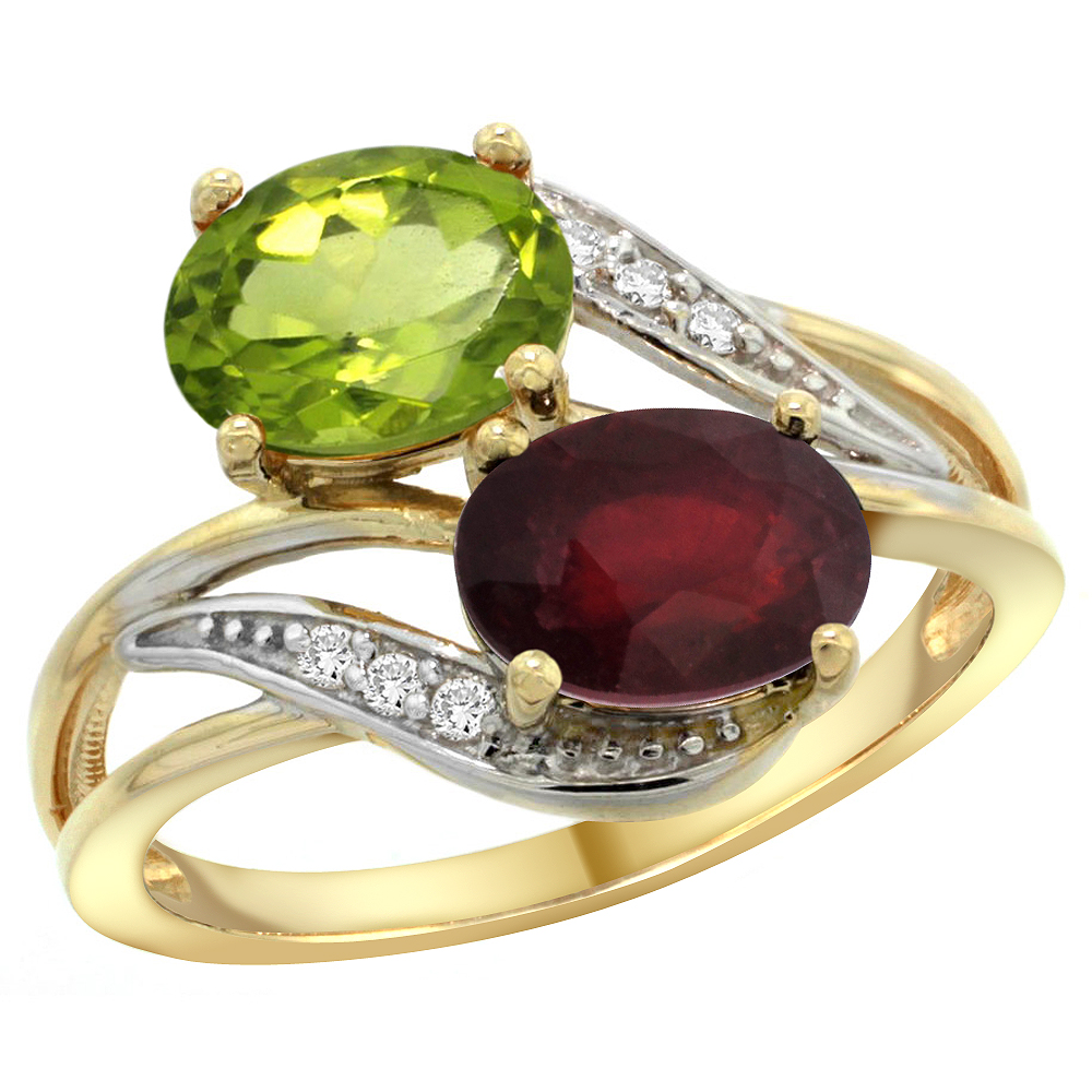 14K Yellow Gold Diamond Natural Peridot &amp; Enhanced Ruby 2-stone Ring Oval 8x6mm, sizes 5 - 10