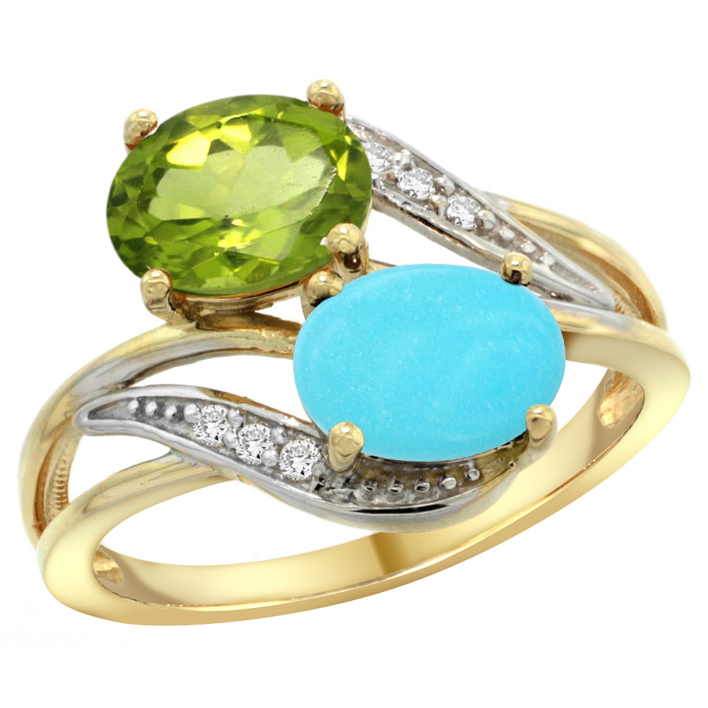 14K YELLOW GOLD DIAMOND NATURAL PERIDOT & TURQUOISE 2-STONE RING OVAL 8X6MM, SIZES 5 - 10