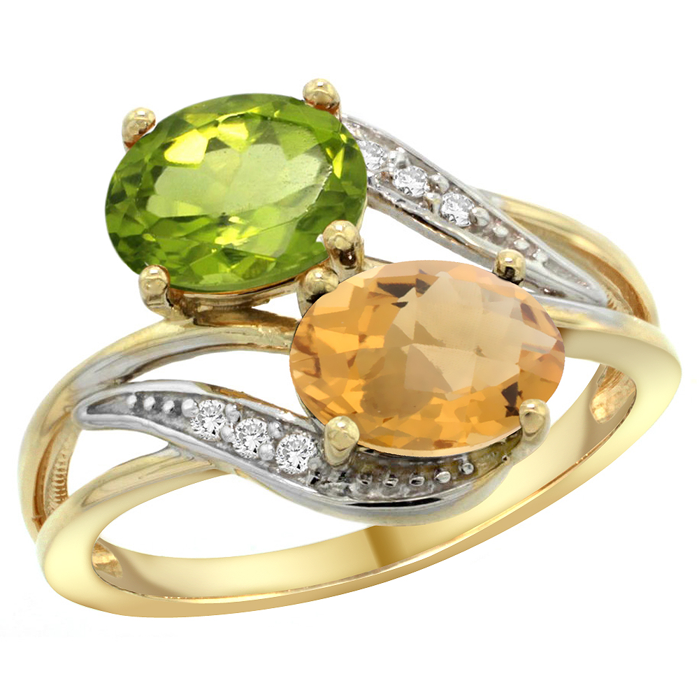 10K Yellow Gold Diamond Natural Peridot & Whisky Quartz 2-stone Ring Oval 8x6mm, sizes 5 - 10
