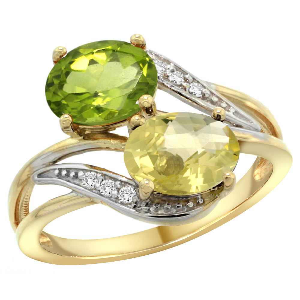 14K Yellow Gold Diamond Natural Peridot &amp; Lemon Quartz 2-stone Ring Oval 8x6mm, sizes 5 - 10