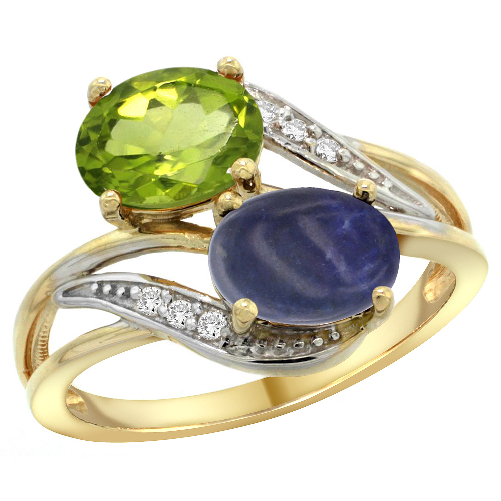 14K YELLOW GOLD DIAMOND NATURAL PERIDOT & LAPIS 2-STONE RING OVAL 8X6MM, SIZES 5 - 10