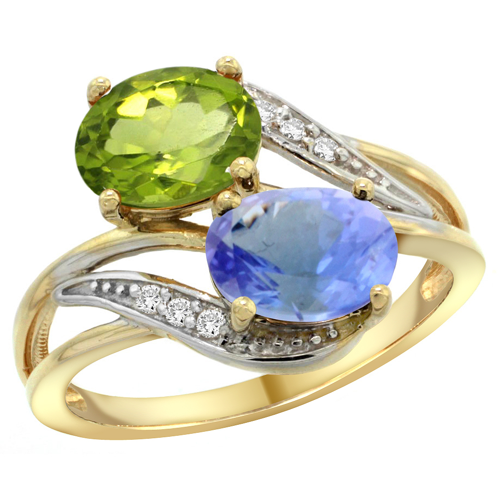 14K YELLOW GOLD DIAMOND NATURAL PERIDOT & TANZANITE 2-STONE RING OVAL 8X6MM, SIZES 5 - 10