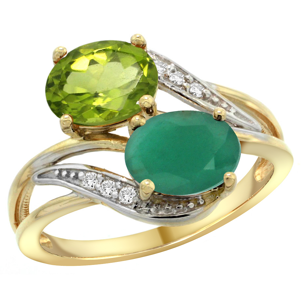 14K Yellow Gold Diamond Natural Peridot & Quality Emerald 2-stone Mothers Ring Oval 8x6mm, size 5 - 10