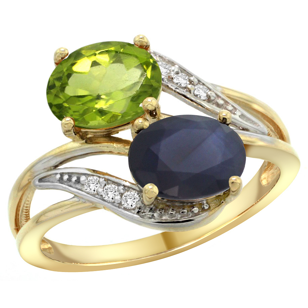 14K Yellow Gold Diamond Natural Peridot & Quality Blue Sapphire 2-stone Mothers Ring Oval 8x6mm,sz5 - 10