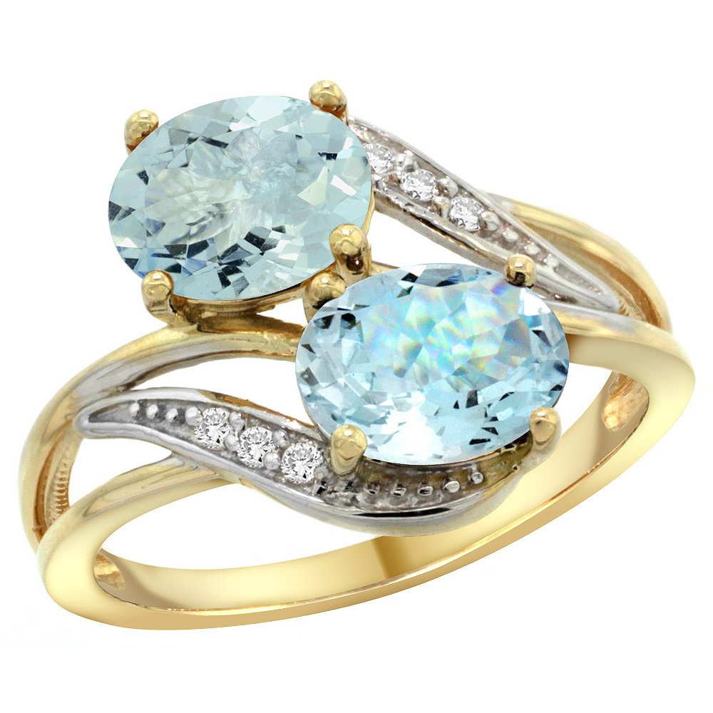 14K Yellow Gold Diamond Natural Aquamarine 2-stone Ring Oval 8x6mm, sizes 5 - 10
