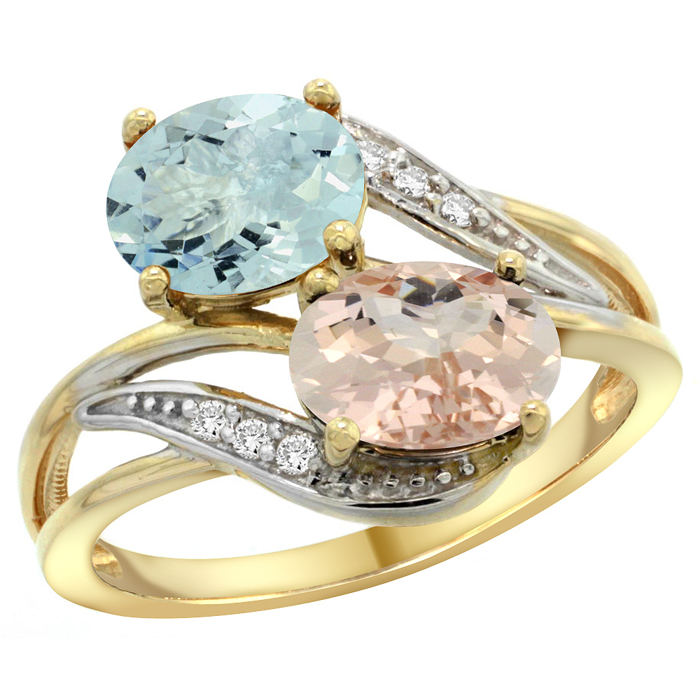 10K Yellow Gold Diamond Natural Aquamarine & Morganite 2-stone Ring Oval 8x6mm, sizes 5 - 10