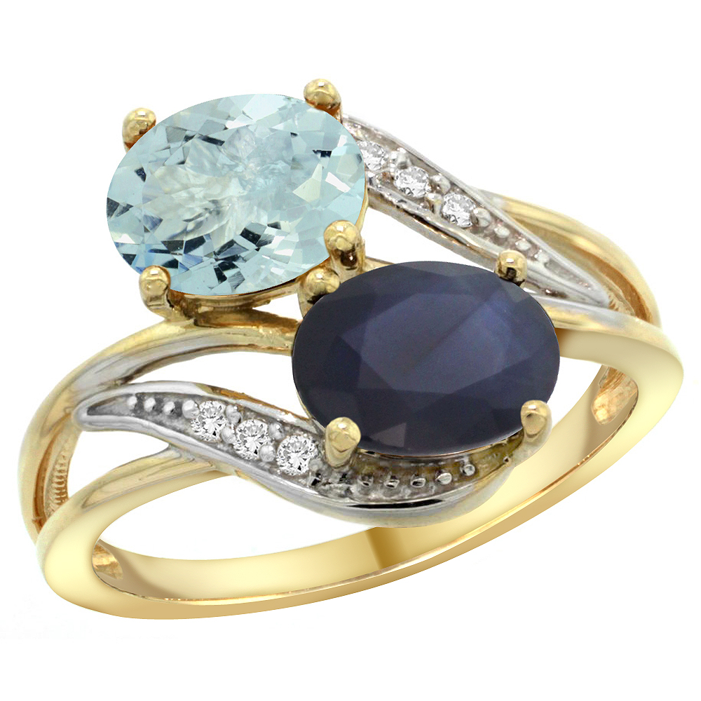 14K Yellow Gold Diamond Natural Aquamarine &amp; Blue Sapphire 2-stone Ring Oval 8x6mm, sizes 5 - 10