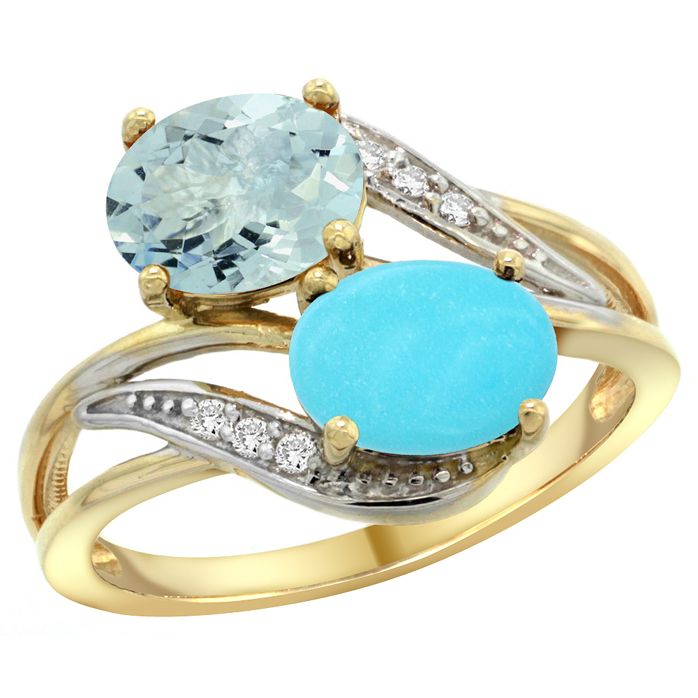 14K Yellow Gold Diamond Natural Aquamarine &amp; Turquoise 2-stone Ring Oval 8x6mm, sizes 5 - 10