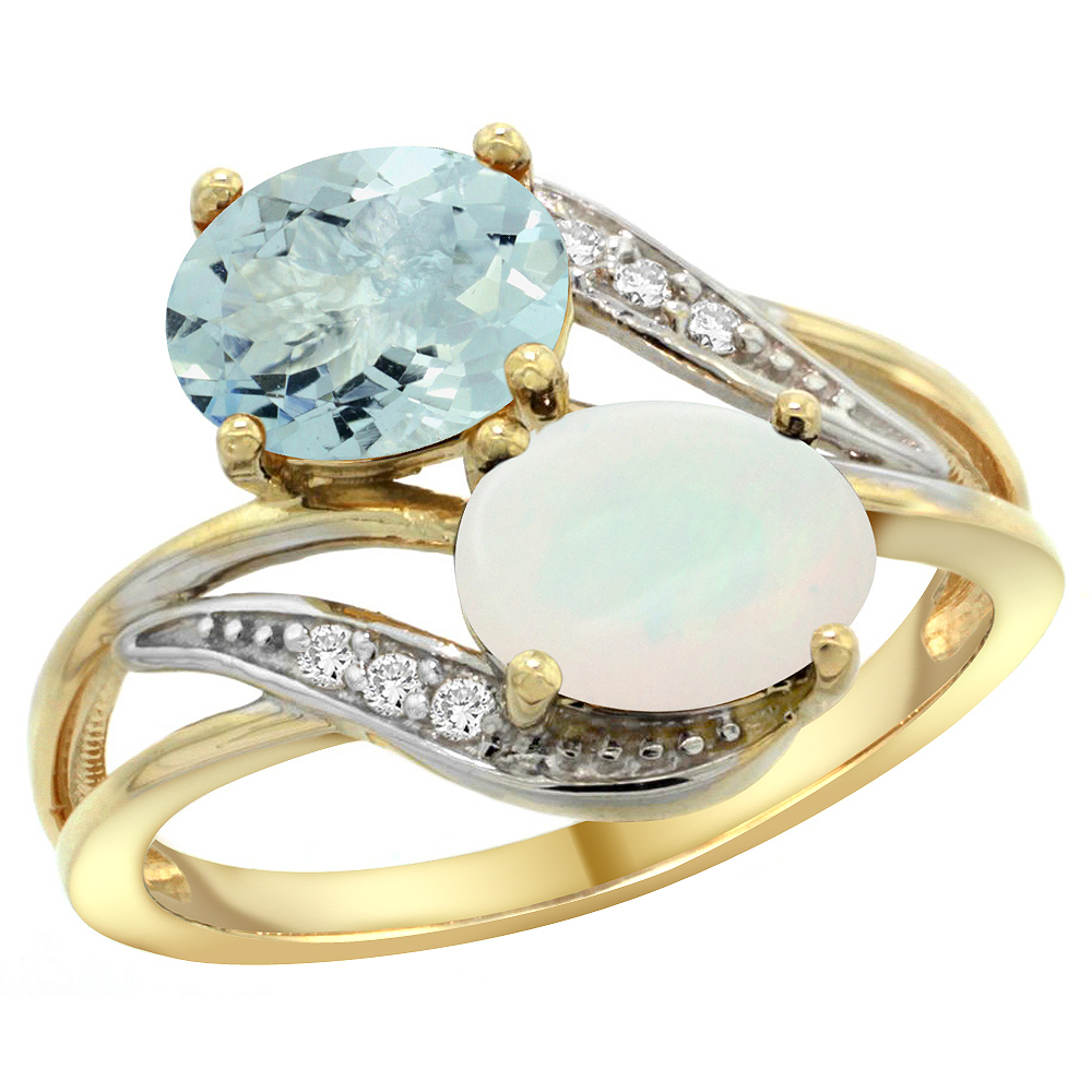 14K Yellow Gold Diamond Natural Aquamarine &amp; Opal 2-stone Ring Oval 8x6mm, sizes 5 - 10