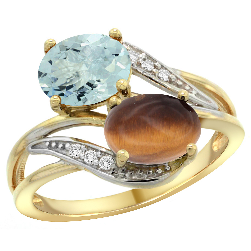 14K YELLOW GOLD DIAMOND NATURAL AQUAMARINE & TIGER EYE 2-STONE RING OVAL 8X6MM, SIZES 5 - 10