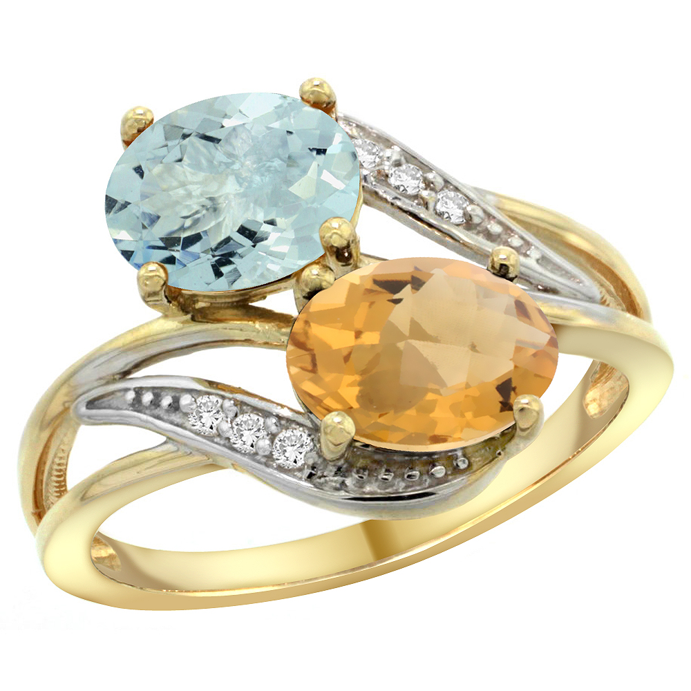 14K YELLOW GOLD DIAMOND NATURAL AQUAMARINE & WHISKY QUARTZ 2-STONE RING OVAL 8X6MM, SIZES 5 - 10