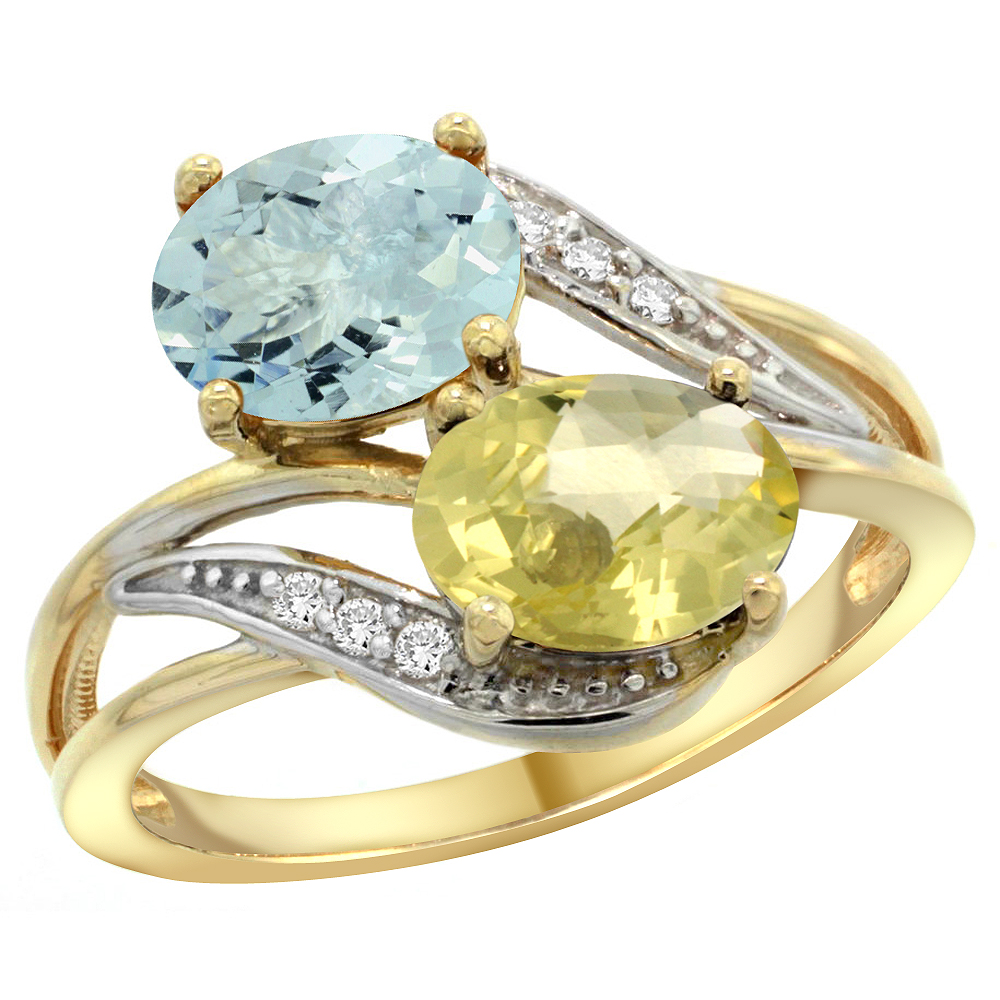 14K Yellow Gold Diamond Natural Aquamarine &amp; Lemon Quartz 2-stone Ring Oval 8x6mm, sizes 5 - 10