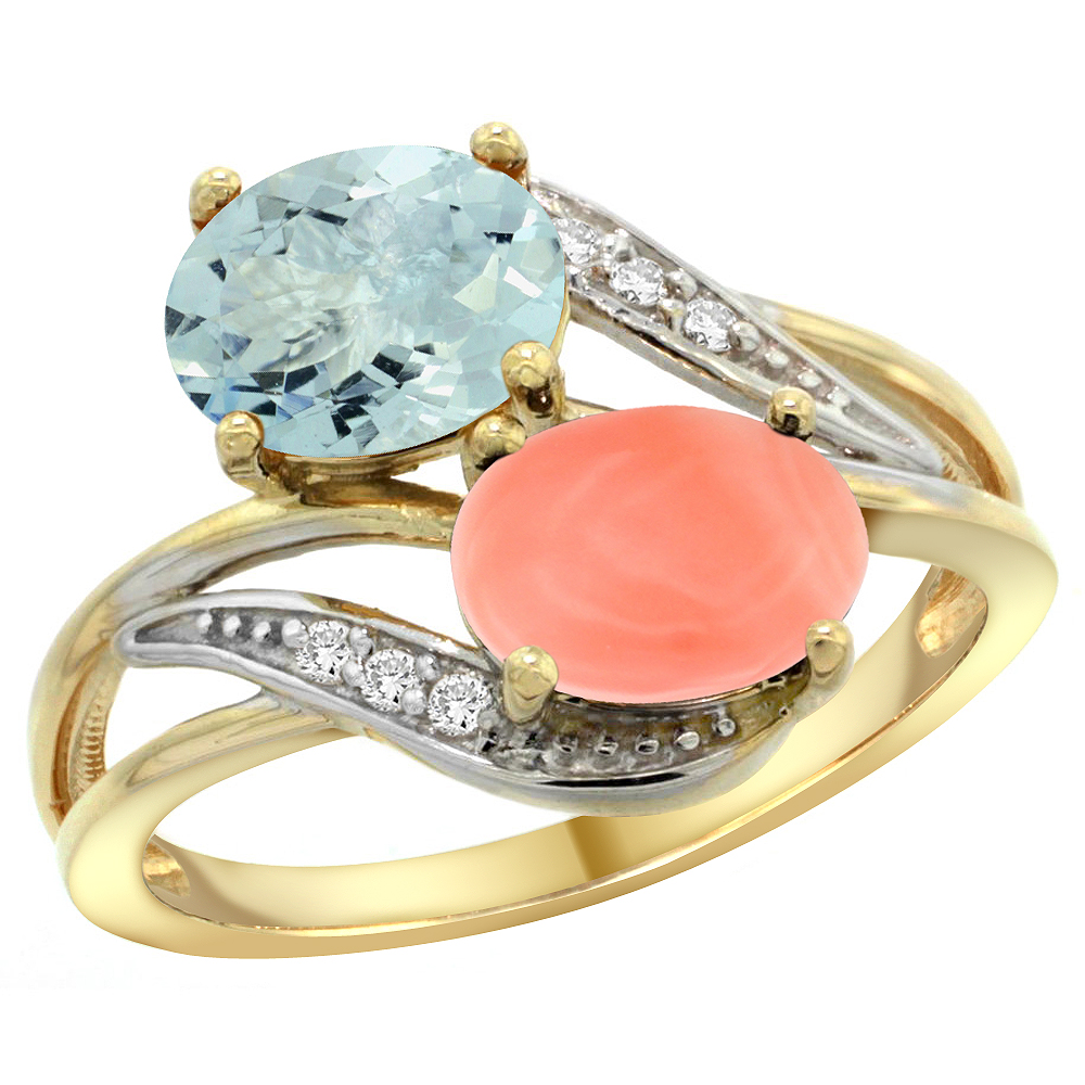 14K YELLOW GOLD DIAMOND NATURAL AQUAMARINE & CORAL 2-STONE RING OVAL 8X6MM, SIZES 5 - 10