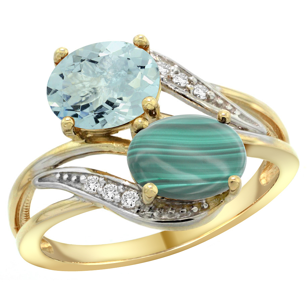 14K YELLOW GOLD DIAMOND NATURAL AQUAMARINE & MALACHITE 2-STONE RING OVAL 8X6MM, SIZES 5 - 10