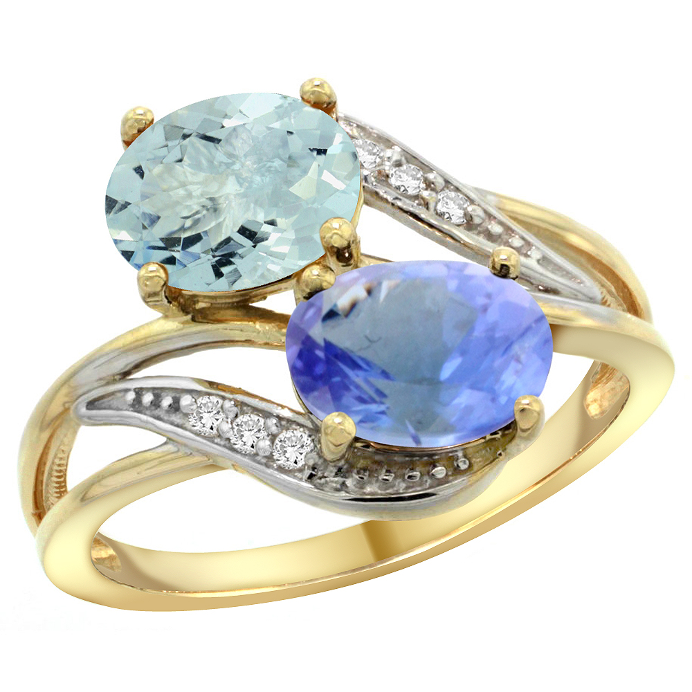 14K YELLOW GOLD DIAMOND NATURAL AQUAMARINE & TANZANITE 2-STONE RING OVAL 8X6MM, SIZES 5 - 10