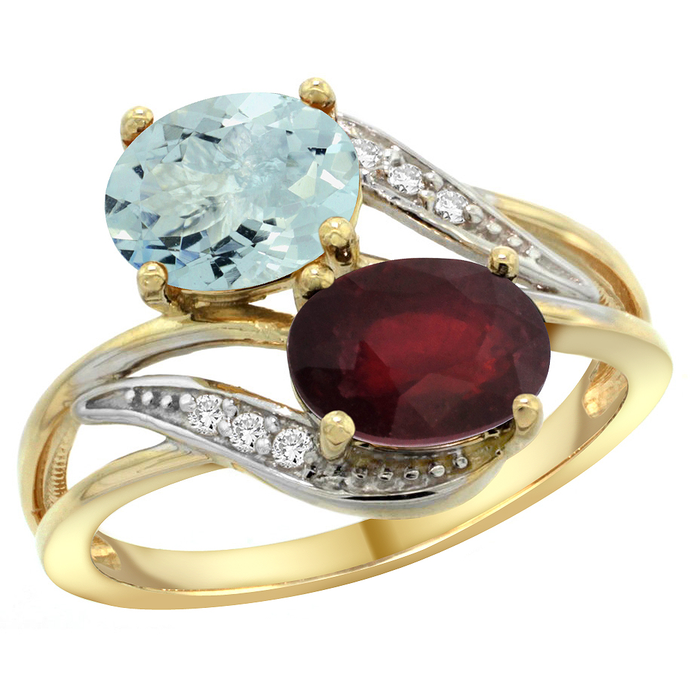14K Yellow Gold Diamond Natural Aquamarine & Quality Ruby 2-stone Mothers Ring Oval 8x6mm, size 5 - 10