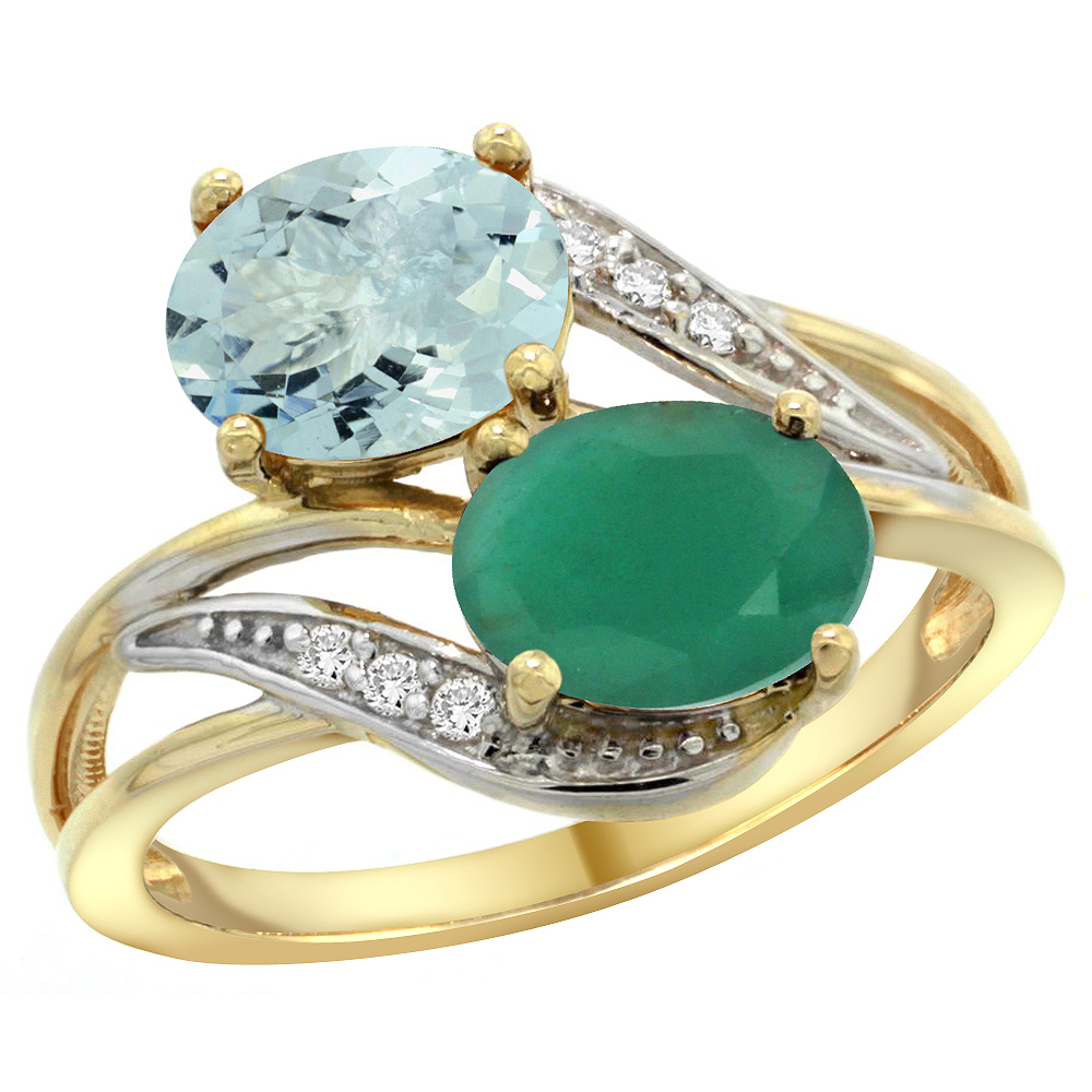 14K Yellow Gold Diamond Natural Aquamarine & Quality Emerald 2-stone Mothers Ring Oval 8x6mm, size 5 - 10