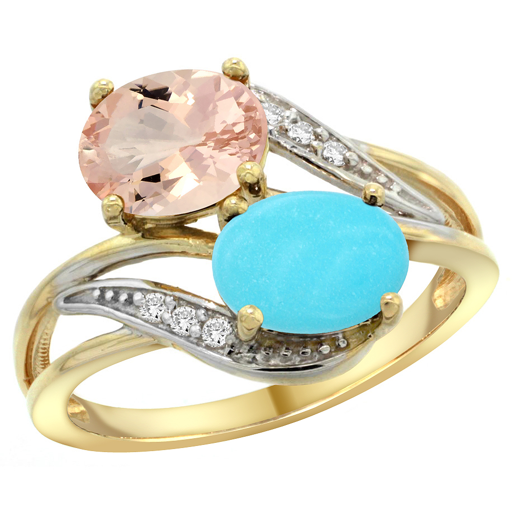 14K YELLOW GOLD DIAMOND NATURAL MORGANITE & TURQUOISE 2-STONE RING OVAL 8X6MM, SIZES 5 - 10