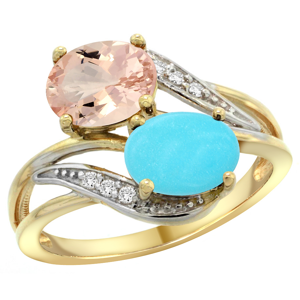 14K Yellow Gold Diamond Natural Morganite & Turquoise 2-stone Ring Oval 8x6mm, sizes 5 - 10