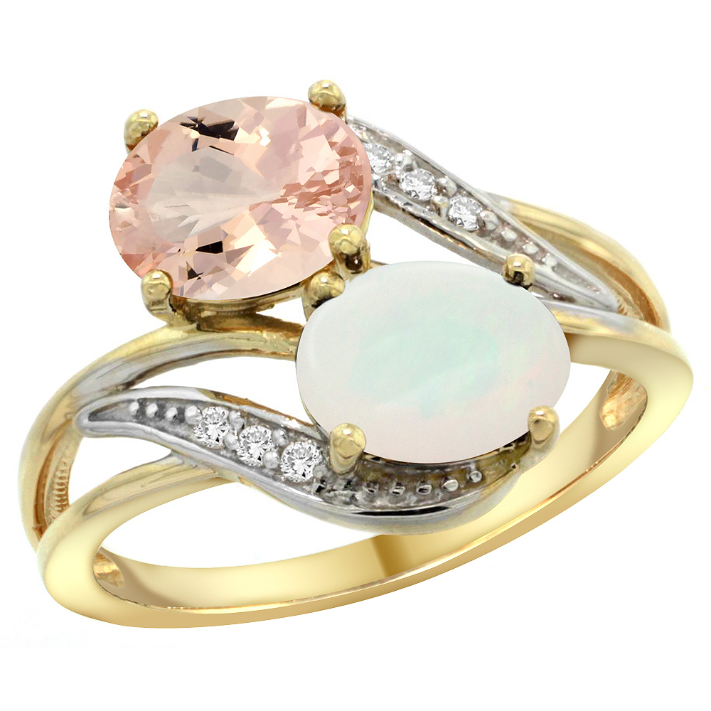 14K YELLOW GOLD DIAMOND NATURAL MORGANITE & OPAL 2-STONE RING OVAL 8X6MM, SIZES 5 - 10
