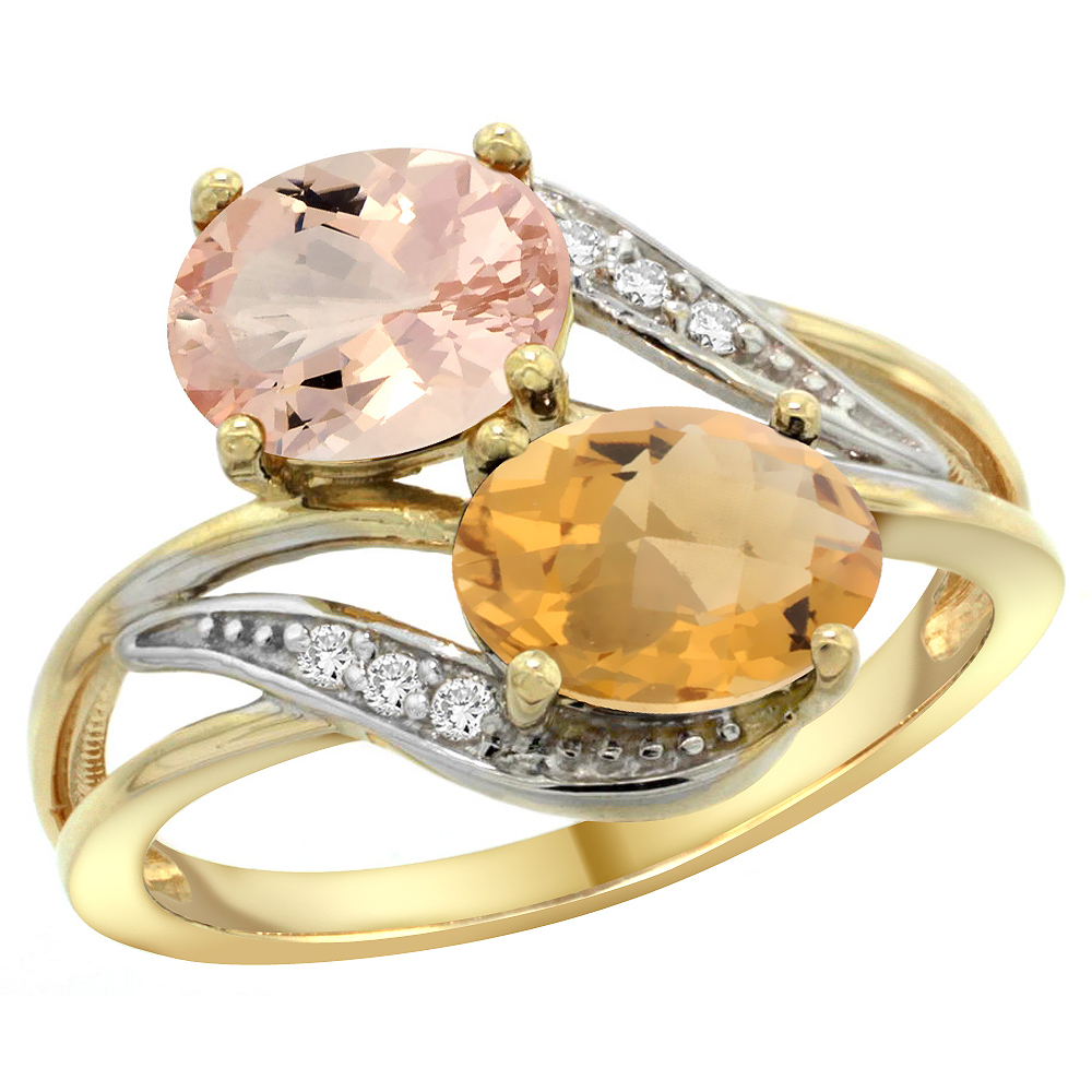 14K YELLOW GOLD DIAMOND NATURAL MORGANITE & WHISKY QUARTZ 2-STONE RING OVAL 8X6MM, SIZES 5 - 10