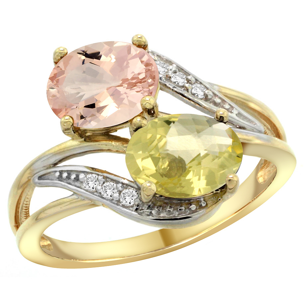 10K Yellow Gold Diamond Natural Morganite &amp; Lemon Quartz 2-stone Ring Oval 8x6mm, sizes 5 - 10