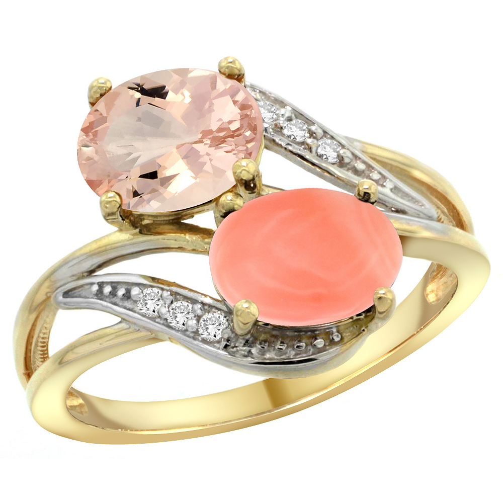 14K Yellow Gold Diamond Natural Morganite & Coral 2-stone Ring Oval 8x6mm, sizes 5 - 10