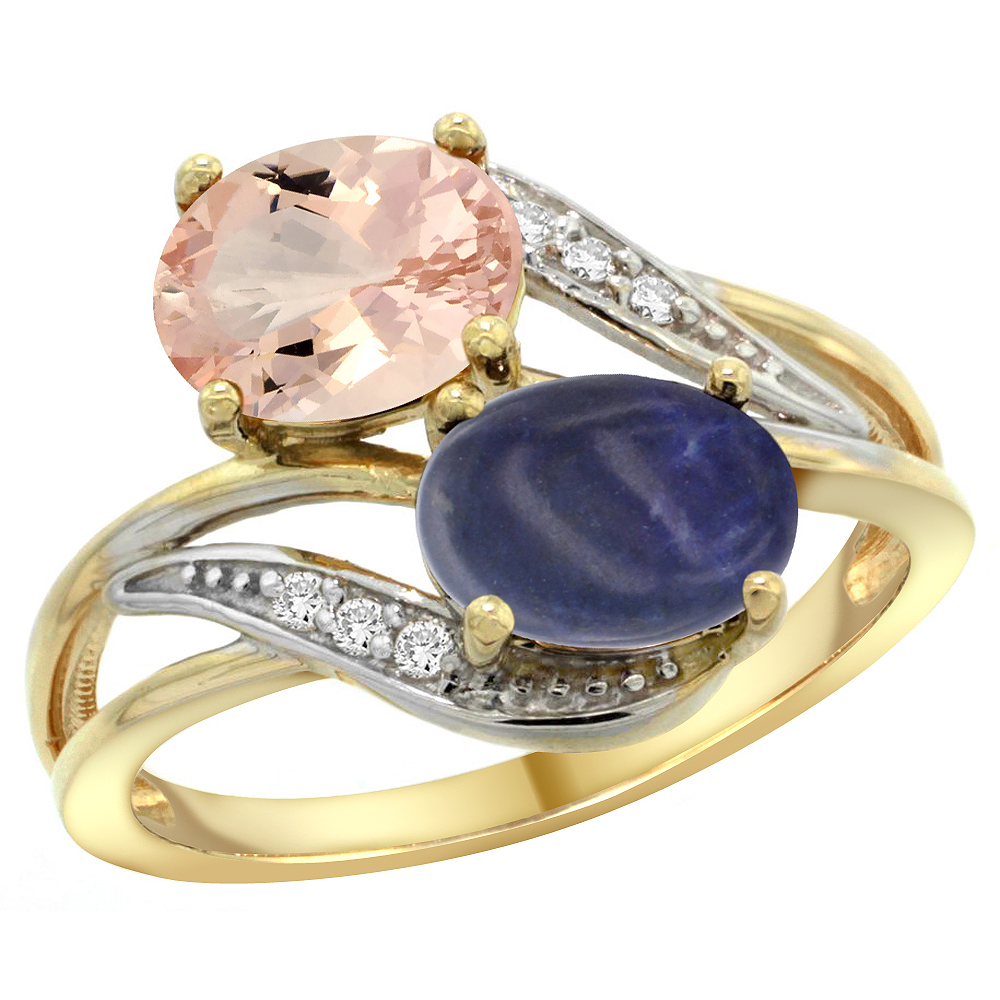 14K YELLOW GOLD DIAMOND NATURAL MORGANITE & LAPIS 2-STONE RING OVAL 8X6MM, SIZES 5 - 10